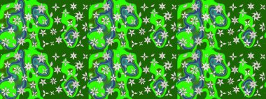 Raster Floral Illustration, Asyalı tekstil. Yeşil ve nötr renklerdeki etnik çiçeklerle zarif eskiz deseni.