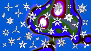 Raster illüstrasyonu. Asya tekstil tarzında. Mavi ve nötr renklerde çiçekler. Çiçek desenli çizim. Düz Çiçek Elementleri Tasarımı. Renkli Bahar Teması çizim şablonu.