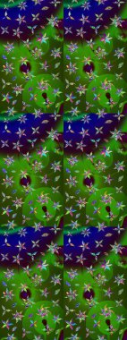 Raster illüstrasyonundaki çiçek desenli çizim. Suluboya tarzında yeşil ve mavi renkte çiçekler.