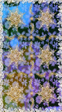 Çiçek süsü kumaş deseni, cam, çiçek desenli metal mavi ve gri renklerde altın elementler. Klasik raster altın pürüzsüz desen.