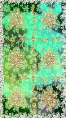 Dekoratif simetri arabesk. Raster illüstrasyonu. Doğum günü kartı, davetiye ya da afiş için iyidir. Kusursuz ortaçağ çiçek deseni. Yeşil ve nötr renklerde altın.