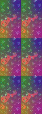 Düz Çiçek Elementleri Tasarımı. Mor ve yeşil renkli çiçekler. Renkli Yaz Temalı eskiz kalıbı. Sevimli çiçek raster deseni.