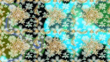 Klasik klasik klasik arka plan. Tarafsız ve yeşil renklerde altın elementlerle kusursuz desen. Raster illüstrasyonu. Geleneksel oryantasyon süsü. Kusursuz klasik raster altın desenli.