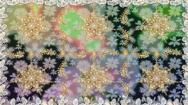 Doğu tarzında klasik tasarım öğesi. Süslü dantel iz sürücü. Gri renkli geleneksel Arapça dekor. Çiçekli süslemeli, pürüzsüz bir desen. Duvar kağıdı için altın süslü illüstrasyon.