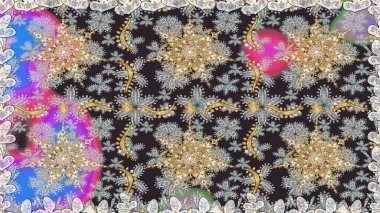 Kusursuz desenli oryantal süs. Raster altın tekstil baskısı. İslam tasarımı. Gri ve nötr renklerde altın desenler ve altın elementler. Çiçek karoları.