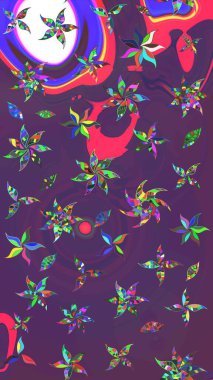 Raster illüstrasyonu. Çiçek ve yapraklı karalama şeklinde Raster çiçek deseni. Mor ve mor renkte bahar çiçekleri..