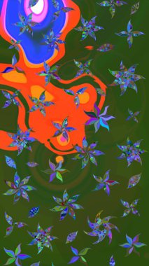 Soyut çiçek çizim kalıbı arka planı. Raster deseni. Raster illüstrasyonu. Yeşil ve turuncu renklerde. Küçük çiçekte sevimli çiçek deseni var..