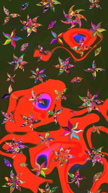 Raster illüstrasyonu. Kibar, bahar çiçekleri kırmızı ve yeşil renklerde. Çiçekli yumuşak bir eskiz şekli. Raster çiçekleri klasik tarzda resmedilir..