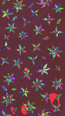 Raster illüstrasyonu. Raster illüstrasyonu. Asya tekstil tarzında. Kahverengi ve yeşil renkli çiçekler. Çiçek desenini çiz.