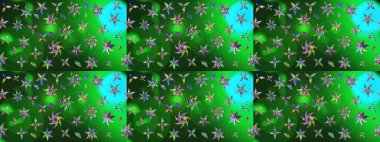 Raster illüstrasyonu. Şirin çiçekli eskiz deseni ve yeşil ve mavi renkli yapraklar, suluboya çiçek deseni, duvar kağıdı, kart veya kumaş için fayanslı.