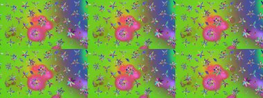 Şirin çiçek elementleri. Yeşil ve mor renkli çiçekler. Raster illüstrasyonu. Çizim.