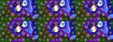 Çiçek yeşili ve mavi çizim deseni. Raster çiçek izi. Klasik taslak çizimi.