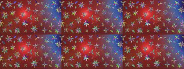 Parlak renkli çiçekleri ve kahverengi ve kırmızı renkte yaprakları olan harika bir çiçek deseni. Moda baskıları için zarif bir şablon. Modern çiçek arkaplanı. Halk stili.