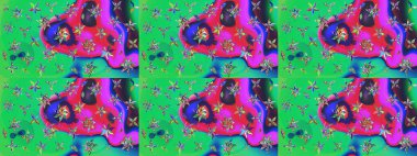 Nakış desenli çiçek deseni. Renkli grunge, koyu yeşil ve mavi çiçeklerle soyut bir arka plan oluşturur. İzler, kumaş, duvar kağıtları, tekstil için raster dokusu.