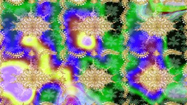 Raster illüstrasyonu. Altın elementli yeşil renkte klasik eskiz deseni.