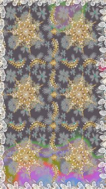 Gri renkli ve altın elementli altın desenli. Doğulu süsü. İslam tasarımı. Çiçek kiremitleri. Raster altın tekstil baskısı.