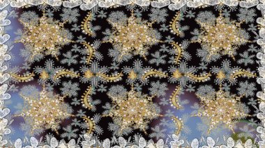 Doku arka planında altın duvar kâğıdı. Damask kusursuz yinelenen arkaplan. Gri renklerdeki altın element. Barok tarzında altın çiçekli süs..