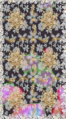 Çiçekli süslemeli, pürüzsüz bir desen. Süslü dantel iz sürücü. Gri renkli geleneksel Arapça dekor. Doğu tarzında klasik tasarım öğesi. Duvar kağıdı için altın süslü illüstrasyon.