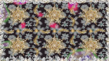 Paisleys zarif çiçek desenli dikdörtgen arka plan duvar kâğıdı illüstrasyonlu klasik stil, modern 3D çizgili sanat altın ve gri desenli çiçek yaprakları ve süslemeleri..