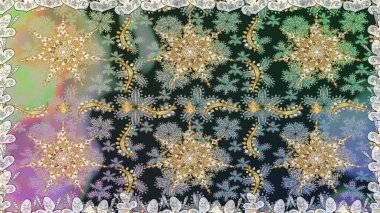 Raster illüstrasyonu. Klasik klasik klasik arka plan. Gri renklerde, altın elementlerle kusursuz desen. Geleneksel oryantasyon süsü. Kusursuz klasik raster altın desenli.