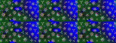 Düz Çiçek Elementleri Tasarımı. Raster illüstrasyonu. Renkli Bahar Teması eskiz kalıbı. Asya tekstil tarzında. Çiçek desenli çizim. Mavi ve yeşil renkte çiçekler.