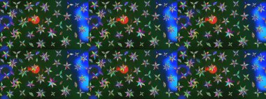 Mavi ve yeşil arka planda. Tekstil, kumaş, ambalaj, hatıra defteri için hoş bir çiçek arkaplanı. Çocuksu tasarım. Elle çizilmiş karalama çiçekleri ile Raster çizim deseni.