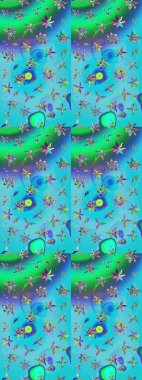 Mavi ve yeşil renkli çiçekler. Raster illüstrasyonu. Asya tekstil tarzında. Çiçek desenli çizim. Raster illüstrasyonu.