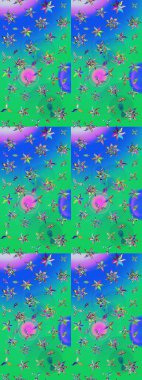 Yeşil ve mavi renkte çiçekler. Kumaş desenli papatya çiçekleri ayrıntıları.