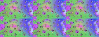 Küçük yeşil ve mor çiçeklerle oldukça eski bir besin torbası deseni. Tekstil, kumaş, kapaklar, duvar kağıtları, baskı, paket, koleksiyon defteri, örgü, dekupaj için çiçek arkaplanı..