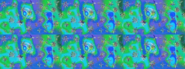 Raster illüstrasyonundaki çiçek desenli çizim. Mavi ve yeşil renkte çiçekler.