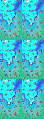 Mavi ve yeşil renkli bitkilerden oluşan parlak bir halı ile çizim deseni.