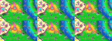 Renkli Bahar Teması eskiz kalıbı. Düz Çiçek Elementleri Tasarımı. Parlak arkaplan eskiz desenli çiçekli fantezi tasarımı.