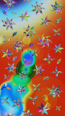 Raster illüstrasyonu. Turuncu ve mavi renklere karalamalar çizilmiş çiçek deseni.