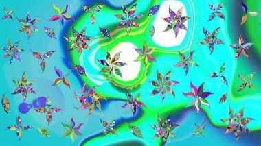 Mavi ve yeşil renkli çiçekler. Raster illüstrasyonunda çiçek deseni çizimi.