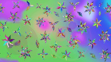 Raster hisseleri. Yeşil ve mor üzerine çiçekler. Eskiz arkaplan modeli. Suluboya, elle çizilmiş.