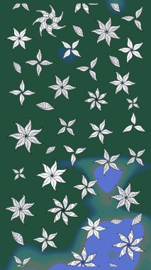 Raster illüstrasyonu. Çiçekli yumuşak bir eskiz şekli. Raster çiçekleri klasik tarzda çizilmiş. Yeşil ve mavi renklerde bahar çiçekleri..