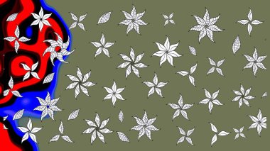 Raster - stok. Eskiz arkaplan modeli. Yapraklı çiçekler ve yeşil ve nötr renklerde papatya çiçekleri..