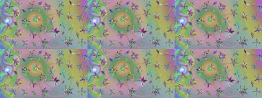 Çiçekler. Vadinin çiçekleri tarafsız ve yeşil renklerde. Soyut etnik raster çizim kalıbı.