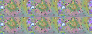 Renkli Bahar Teması eskiz kalıbı. Düz Çiçek Elementleri Tasarımı. Tarafsız ve yeşil renklerde çiçekler. Raster illüstrasyonu. Çiçekli çiçek deseni, suluboya..