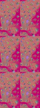 Pembe ve morumsu renklerde manzaralı çiçek deseni. Çiçek kompozisyonu, el boyası, hassas şablon. Üst manzara, yumuşak stil. Sevgililer günü ve tebrik kartı konsepti için şık bir davet.