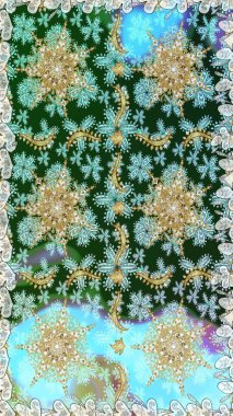 Altın antika ortaçağ dekoratifi, yapraklar ve mavi ve nötr renklerde altın desenli süslemeleri olan dikişsiz bir şablon. Kusursuz kraliyet lüksü, altın barok kumaş rengi..