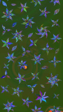 Raster illüstrasyonundaki çiçek desenli çizim. Yeşil ve mavi renkte çiçekler. Renkli Bahar Teması eskiz kalıbı. Düz Çiçek Elementleri Tasarımı.