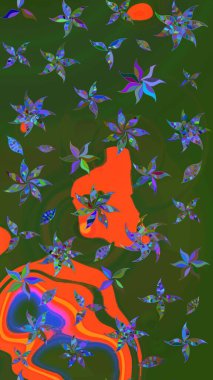 On green and orange colors. Raster illustration. Sketch Floral Pattern in Raster illustration. Beautiful fabric pattern.