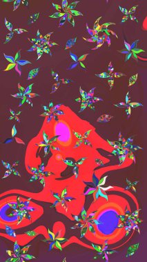 Raster illüstrasyonundaki çiçek desenli çizim. Düz Çiçek Elementleri Tasarımı. Renkli Bahar Teması eskiz kalıbı. Kahverengi ve kırmızı renkte çiçekler.