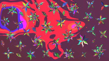 Raster çiçek desenli çiçek deseni, yapraklar, dekoratif elementler, sıçrama, lekeler, el çizimi kontur çizgileri ve Doodle çizim stili, grafik raster çizim çizimi.