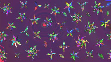 Çiçeksel fantezi tasarımı ve parlak bir arka plan çizimi. Düz Çiçek Elementleri Tasarımı. Renkli Bahar Teması çizim şablonu.