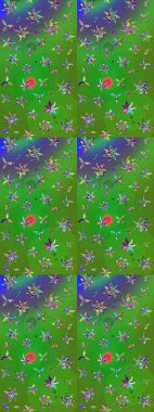 Yeşil ve mor renkli bitkilerden oluşan parlak çiçekli çizim deseni.