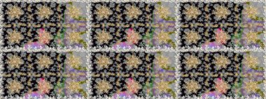 Süslü raster dekorasyonu. Barok tarzında duvar kağıdı tasarımı için kusursuz damaske deseni arkaplanı. Altın elementlerle gri renklerde altın desen.