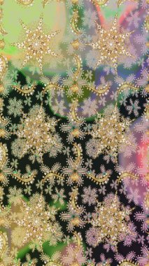 Raster illüstrasyonu. Dekoratif simetri arabesk. Kusursuz ortaçağ çiçek deseni. Tarafsız renklerde altın. Doğum günü, davetiye ya da afiş için tebrik kartı.