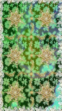 Doğu tarzında klasik tasarım öğesi. Süslü dantel iz sürücü. Geleneksel Arap dekoru yeşil renklerde. Çiçekli süslemeli, pürüzsüz bir desen. Duvar kağıdı için altın süslü illüstrasyon.